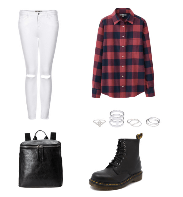 outfit with plaid shirt and white jeans